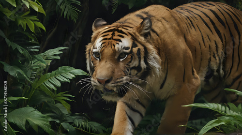 a tiger walking through the jungle with green plants