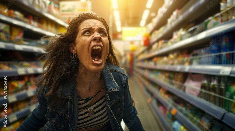 A woman screams in terror in a grocery store aisle, with a blurred background conveying a sense of urgency and chaos. A woman screams in terror in a grocery store aisle, with a blurred background conveying a sense of urgency and chaos.