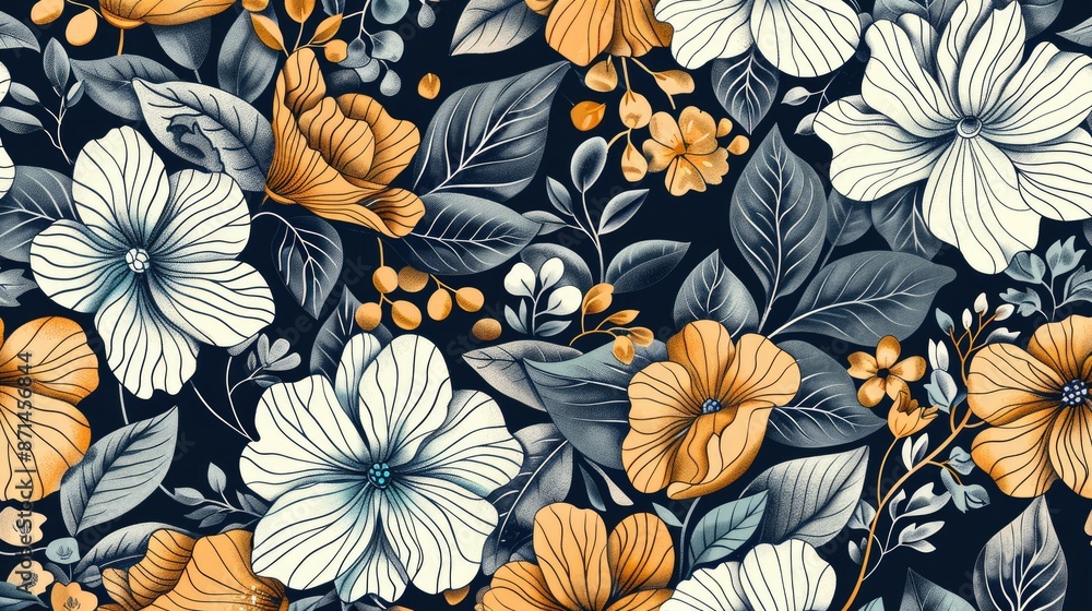 Floral motif and various elements form a seamless circular pattern with hand drawn style Floral motif and various elements form a seamless circular pattern with hand drawn style