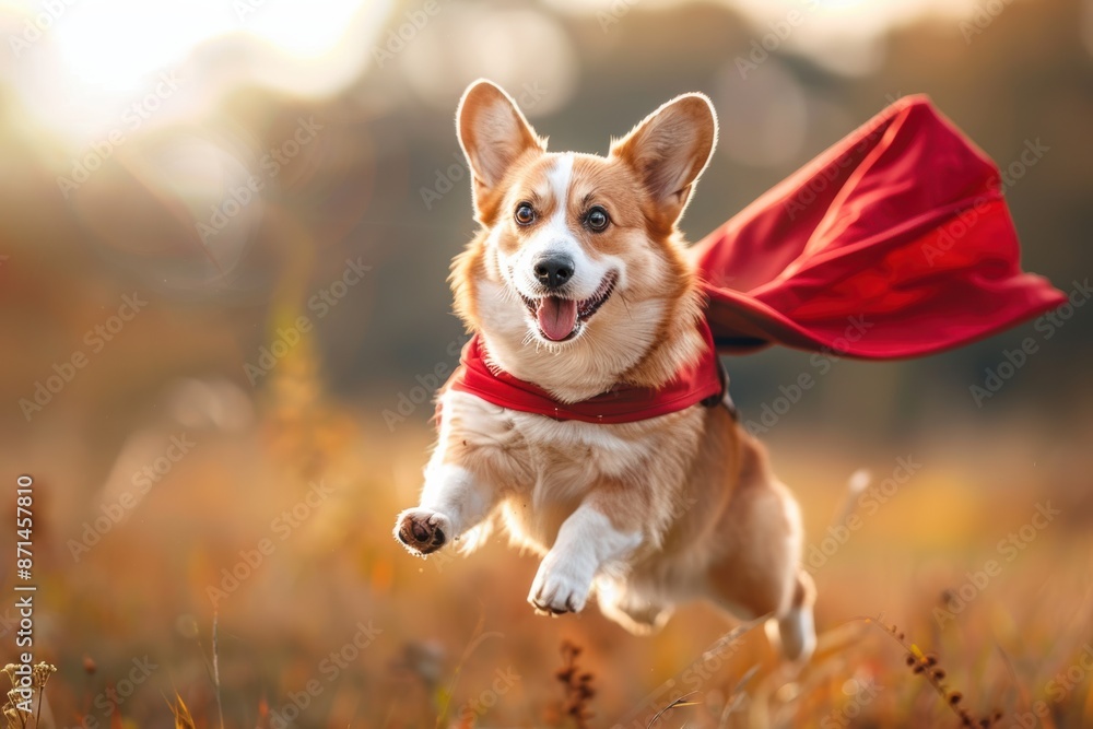 An adorable illustration of a Welsh corgi dog wearing a red cape and raising its two ears up is flying happily in a running pose in the blue sky with some clouds. An adorable illustration of a Welsh corgi dog wearing a red cape and raising its two ears up is flying happily in a running pose in the blue sky with some clouds.