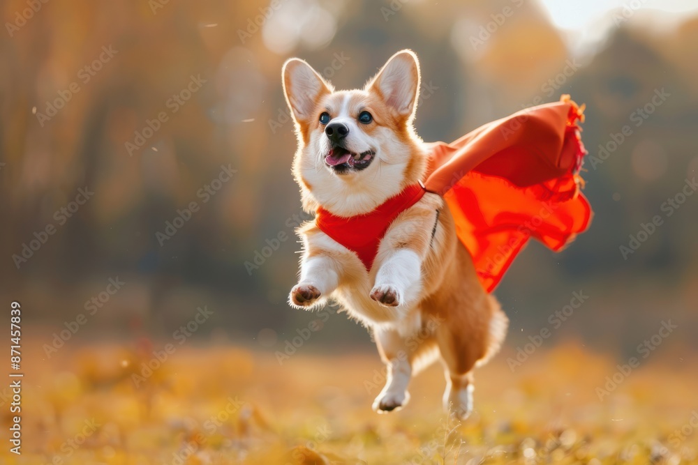 An adorable illustration of a Welsh corgi dog wearing a red cape and raising its two ears up is flying happily in a running pose in the blue sky with some clouds. An adorable illustration of a Welsh corgi dog wearing a red cape and raising its two ears up is flying happily in a running pose in the blue sky with some clouds.