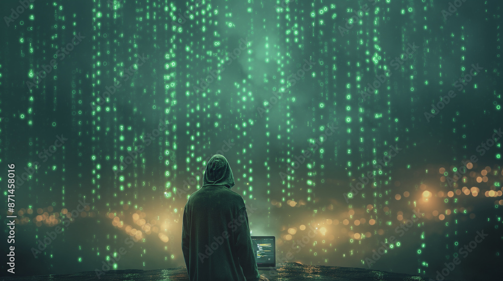 A man is sitting in front of a computer screen with a green background. The man is wearing a hoodie and he is looking at the screen. The image has a futuristic and mysterious vibe A man is sitting in front of a computer screen with a green background. The man is wearing a hoodie and he is looking at the screen. The image has a futuristic and mysterious vibe