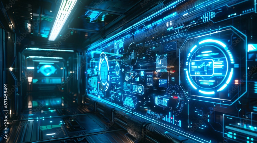 Futuristic AI Interface with Glowing Blue Holographic HUD Elements. Sleek Design in a Dimly Lit Room, Creating an Advanced, High-Tech Atmosphere Futuristic AI Interface with Glowing Blue Holographic HUD Elements. Sleek Design in a Dimly Lit Room, Creating an Advanced, High-Tech Atmosphere