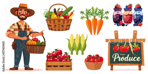 Set of Farmer market elements with fruit basket, vegetable basket, with carrots, corns tomatoes and jams, and sign vector
