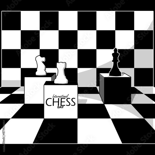 International Chess Day event sport banner. Chess board with king, knight and rook chess pieces to celebrate on July 20th