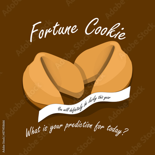 National Fortune Cookie Day event food banner. Fortune cookies with a piece of paper containing fortune telling on dark brown background to celebrate on July 20th