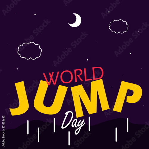 World Jump Day event banner. Illustration of bold text jumping with mountain background, moon and stars at night to celebrate on July 20th