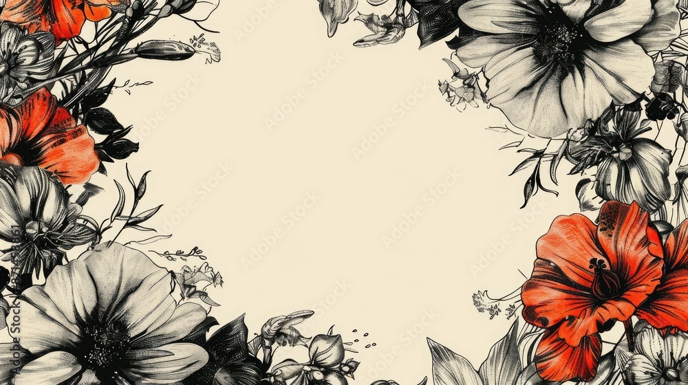 Circular floral pattern with hand drawn elements and space for text Circular floral pattern with hand drawn elements and space for text