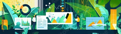 Environmental tech integration, declining market indicators, blockchainbased economic data, flat design illustration photo