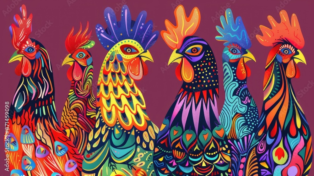 Fototapeta premium Roosters with colored horizontal patterns drawn by hand