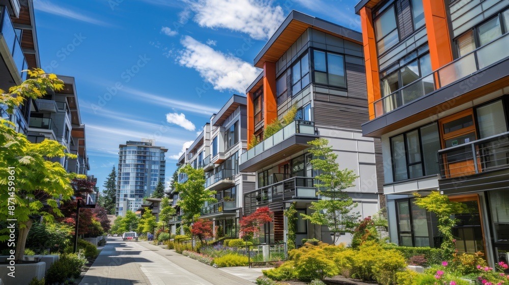 Obraz premium A row of modern apartment buildings basks in the sunshine on a clear day in Vancouver