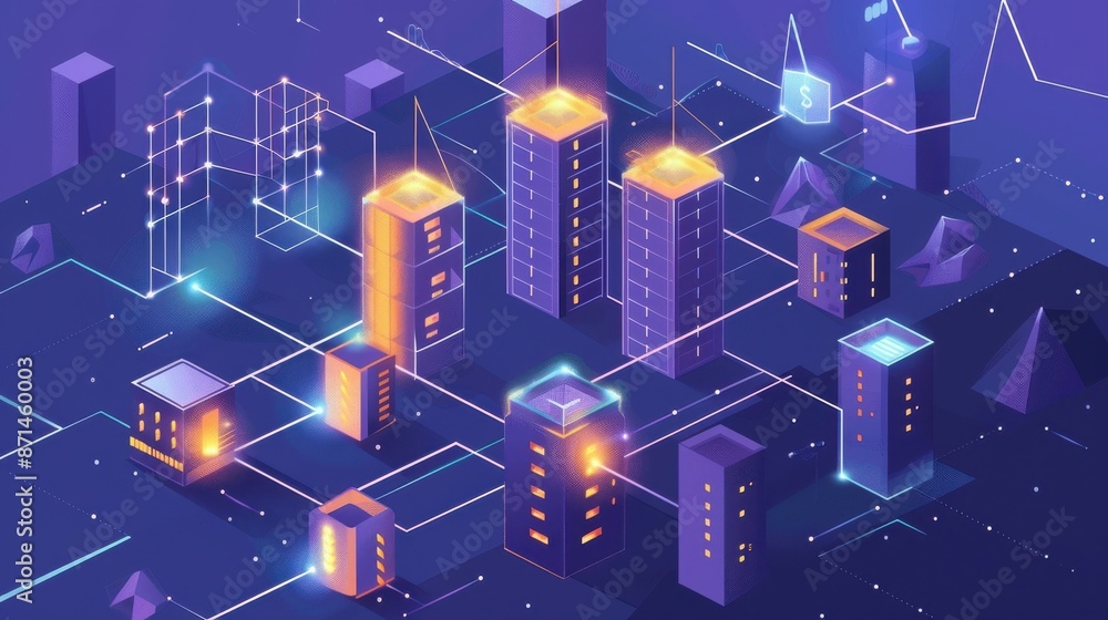 Fototapeta premium Energyefficient buildings, battery storage systems, blockchain nodes, flat design illustration