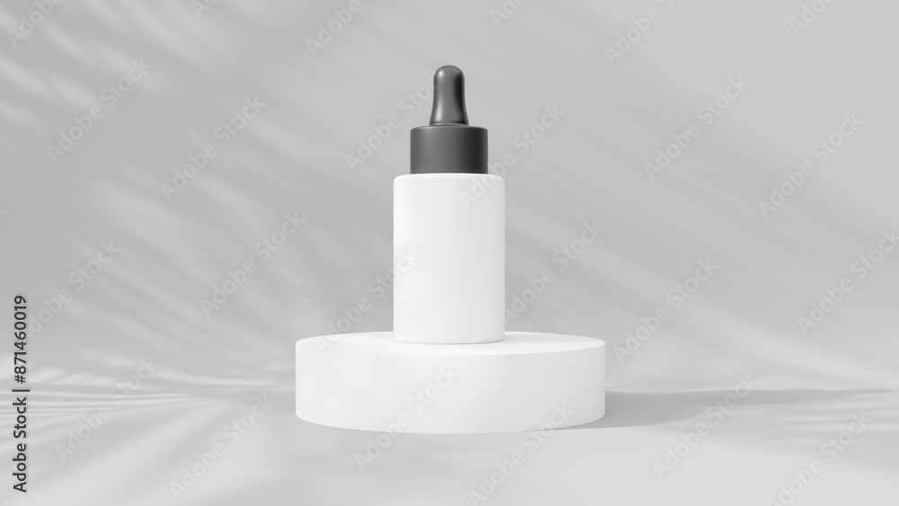 a white bottle with a black top on a white pedestal a white bottle with a black top on a white pedestal