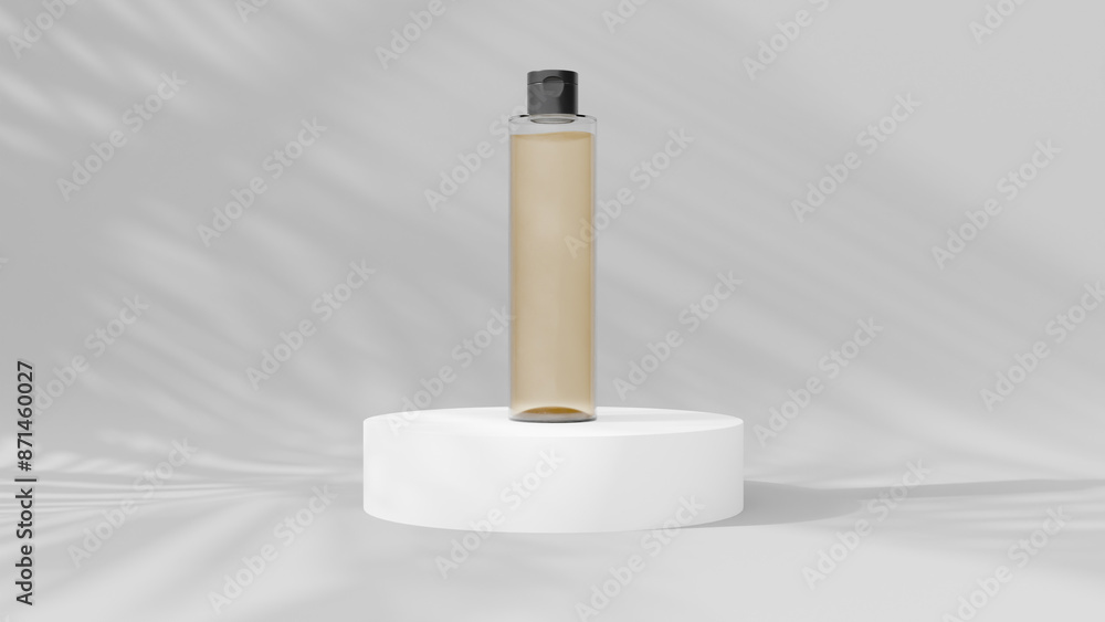a bottle of liquid on a pedestal with a shadow a bottle of liquid on a pedestal with a shadow