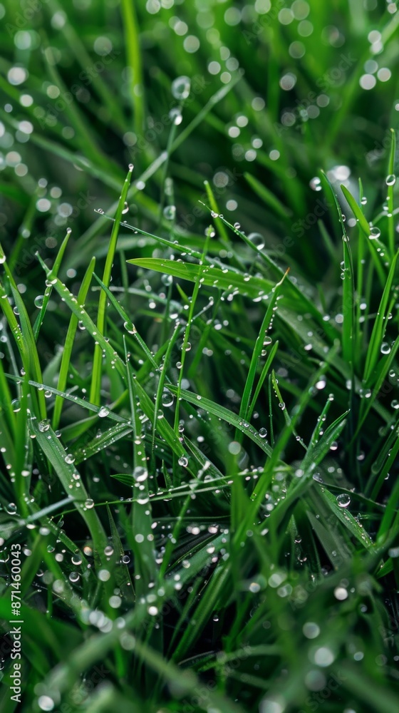 Green Grass Blades Covered in Dew Drops on a Sunny Morning Green Grass Blades Covered in Dew Drops on a Sunny Morning