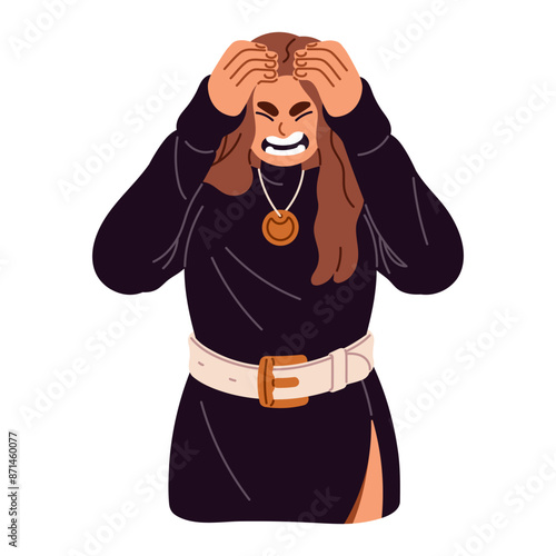 Furious girl shouts at smbd with anger. Mad young woman screams, yells with hands on head. Angry person screaming. Annoyed facial expression, rage emotions. Flat isolated vector illustration on white