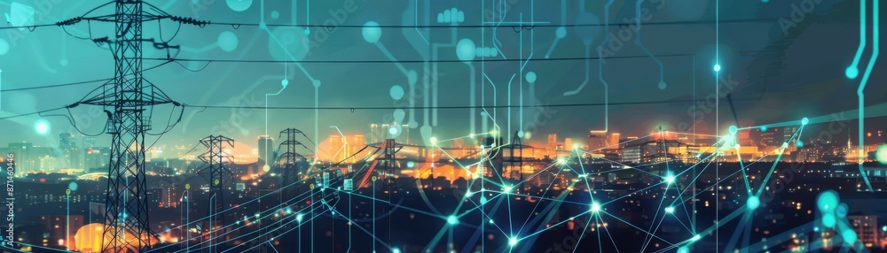 Fototapeta premium Data visualization, power grids, blockchain code, flat design illustration