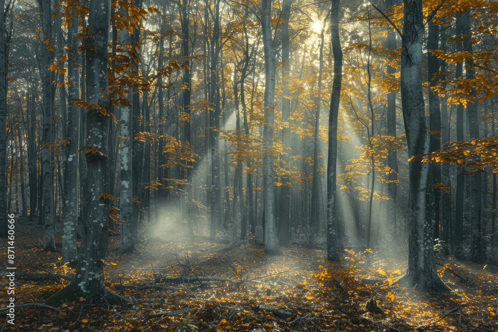 Sunshine penetrates the forest, autumn Sunshine penetrates the forest, autumn