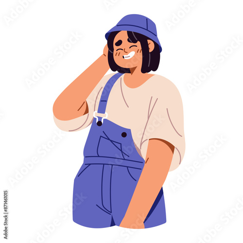 Happy girl laughing for joke, has fun. Young woman with shy laughter giggles. Reaction with positive emotions, confused facial expressions. Flat isolated vector illustration on white background