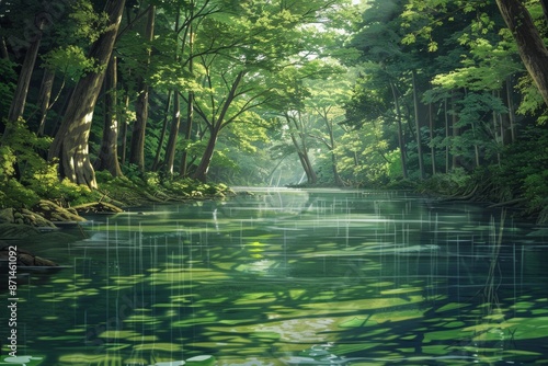 Lush Forest Streamscape With Tranquil Greenery and Sunlight