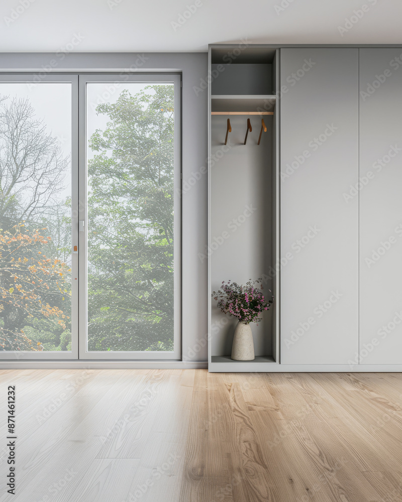 Fototapeta premium Wardrobe in an empty room with minimal, neutral colors and filled with lighting coming from a window. Residential Real Estate interiors design composition.