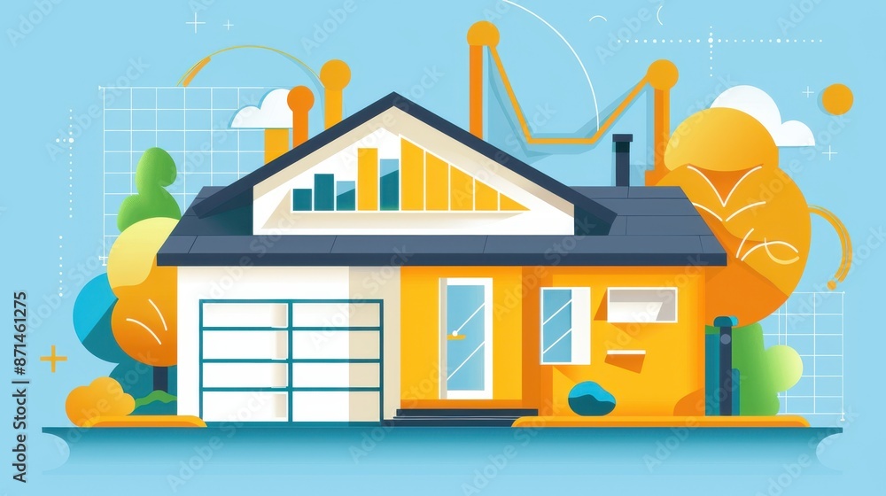 Naklejka premium Positive market trend chart, home energy storage system, flat design illustration