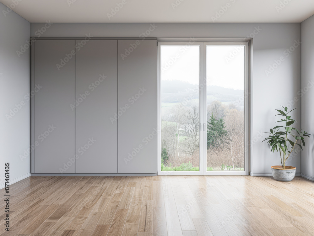 Fototapeta premium Wardrobe in an empty room with minimal, neutral colors and filled with lighting coming from a window. Residential Real Estate interiors design composition.