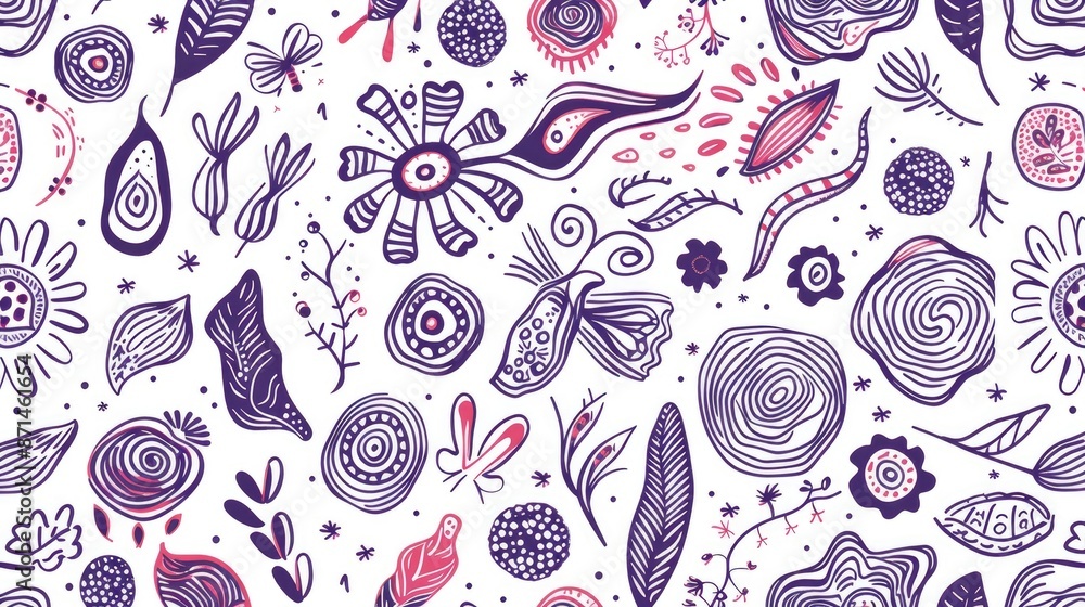 Naklejka premium Hand drawn seamless pattern with assorted elements and space for text