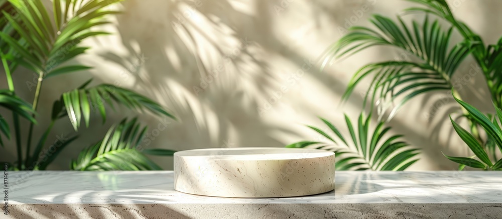 Elegant marble pedestal with lush tropical plants casting shadows in a sunlit modern interior, perfect for product display or design inspiration. Elegant marble pedestal with lush tropical plants casting shadows in a sunlit modern interior, perfect for product display or design inspiration.