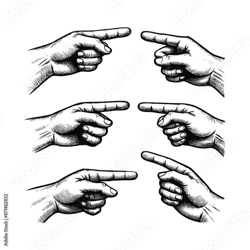 Hand drawn illustration hand pointing a finger in a direction sign. Black and white hand with index finger pointing to something drawing vector illustration