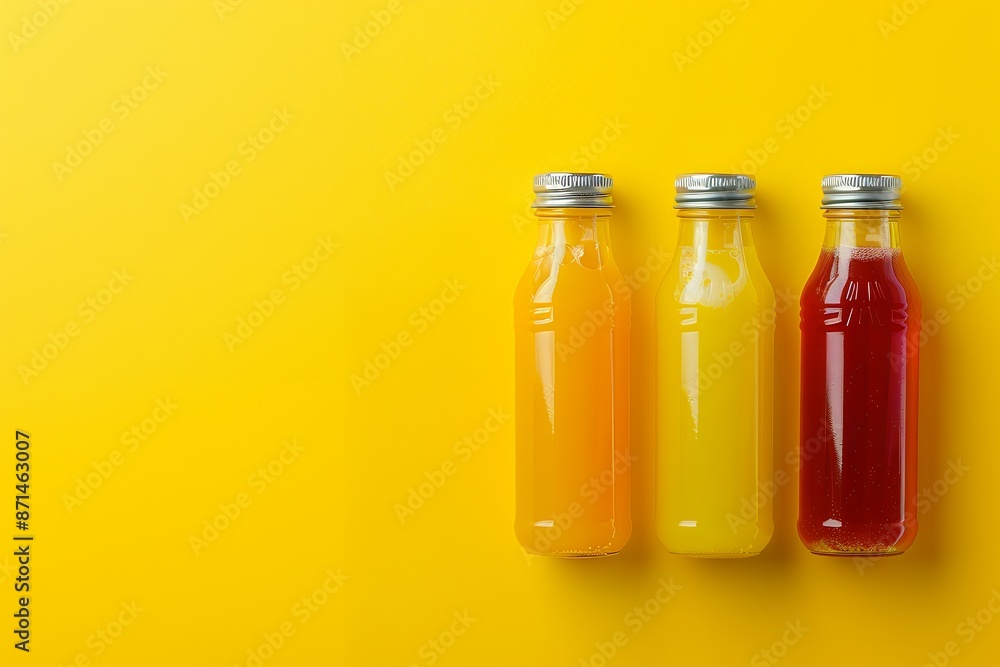 Photo of colorful juices in glass bottles on a yellow background, in a flat lay, top view, copy space concept. Photo of colorful juices in glass bottles on a yellow background, in a flat lay, top view, copy space concept.