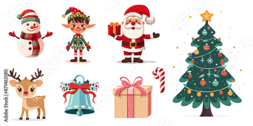 Christmas Elements with snowman, elf, santa clause with presents, reindeer, jingle bell, box and Christmas tree vectors