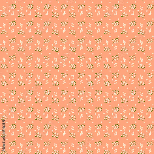 Spring tiny floral pattern Delicate small flower background Simple white cream flowers on a peach apricot muted orange pink background