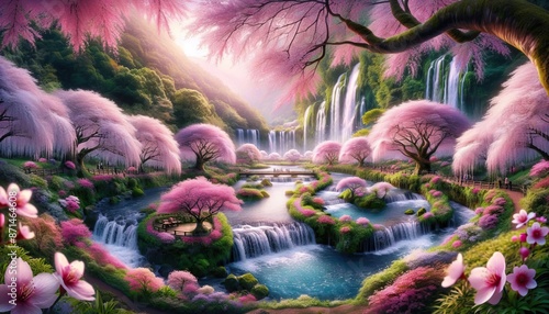 Enchanting fantasy landscape with waterfall and pink blossom trees, vibrant and serene scene of nature's splendor photo