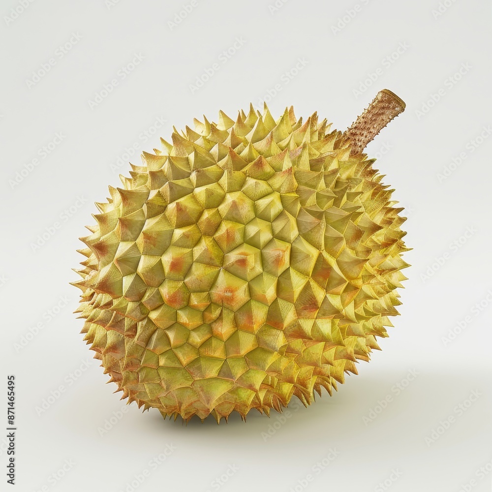 Closeup of a whole fresh durian fruit with spiky rind isolated on white background Closeup of a whole fresh durian fruit with spiky rind isolated on white background