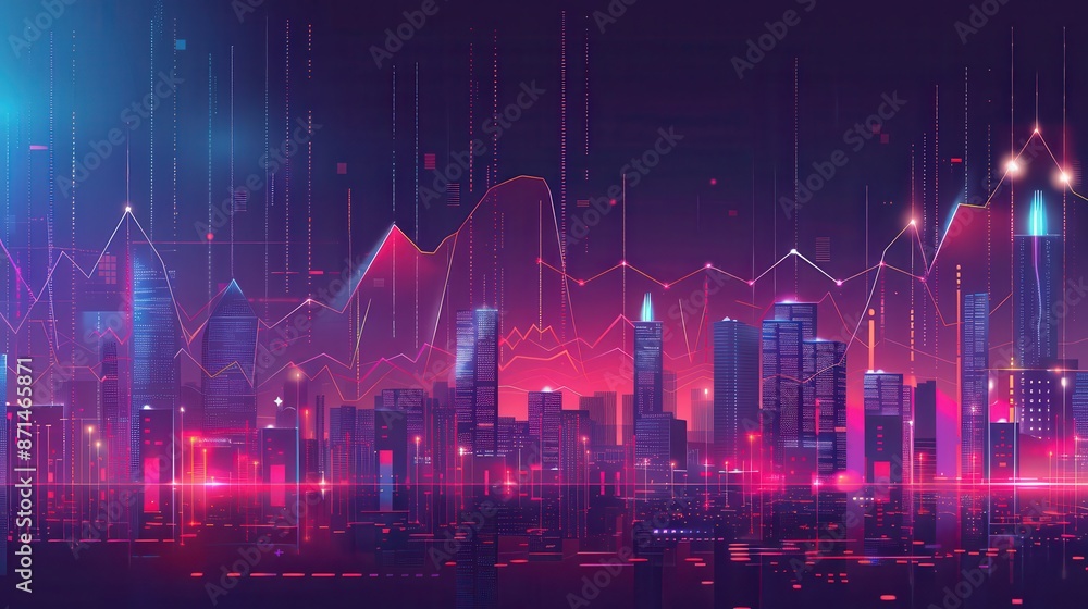 Futuristic cityscape, blockchain ledger, declining graph, flat design illustration Futuristic cityscape, blockchain ledger, declining graph, flat design illustration