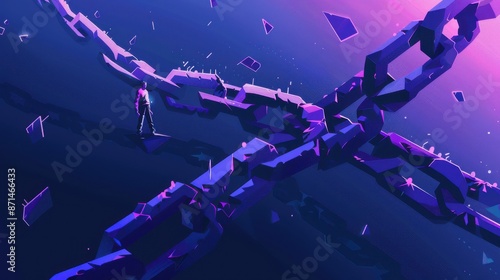 Zerobalance digital currency, broken blockchain chain, flat design illustration