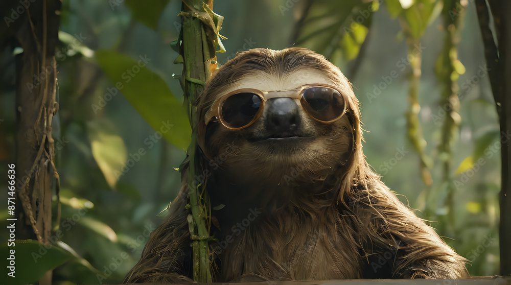 a sloth that is wearing sunglasses and leaning on a tree a sloth that is wearing sunglasses and leaning on a tree