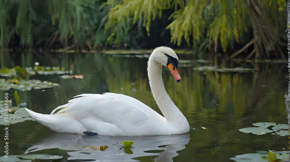 Obraz premium a white swan swimming in a pond with lily pads