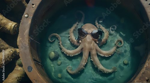 a octopus in a bowl of water with a pair of sunglasses on photo