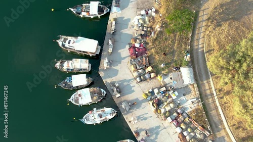 Fishing Port, Boats Docked in Kavala Perigiali, Aerial Bird's Eye View photo