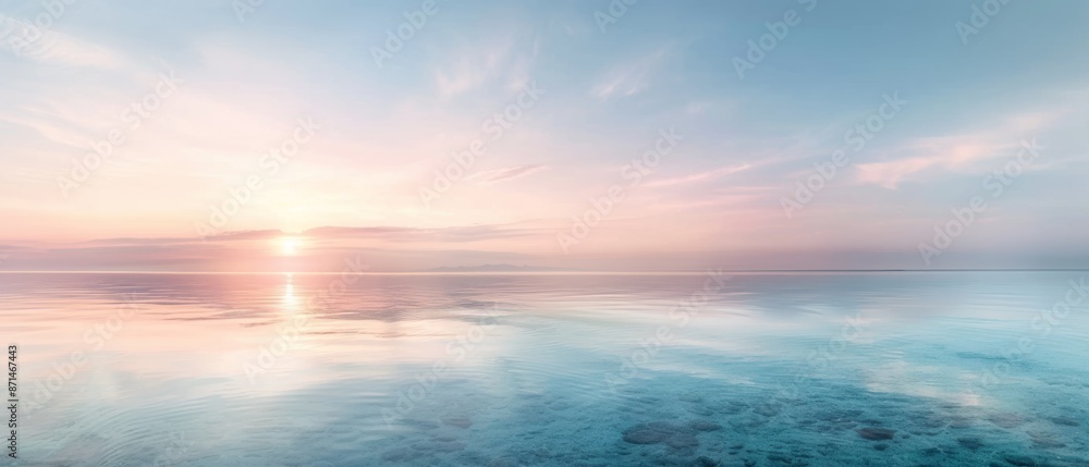 Serene sunset over the calm ocean with pastel skies reflecting on the tranquil water. Perfect for relaxation or meditation themes. Serene sunset over the calm ocean with pastel skies reflecting on the tranquil water. Perfect for relaxation or meditation themes.