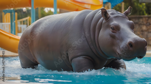 a hippo in the water with a slide in the background photo