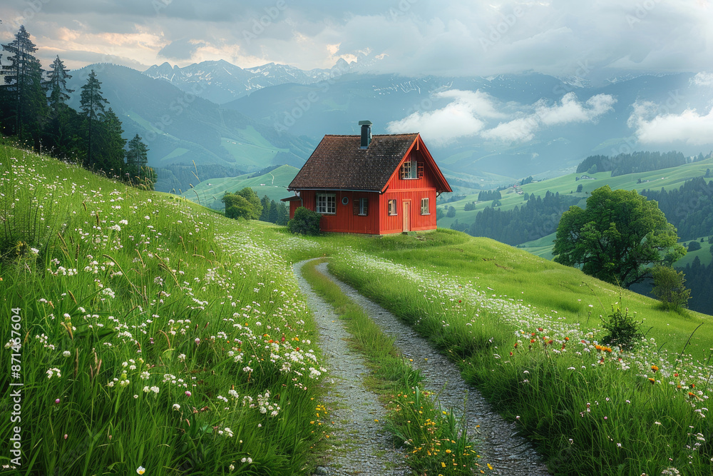 Obraz premium High mountain grassland and a small red house