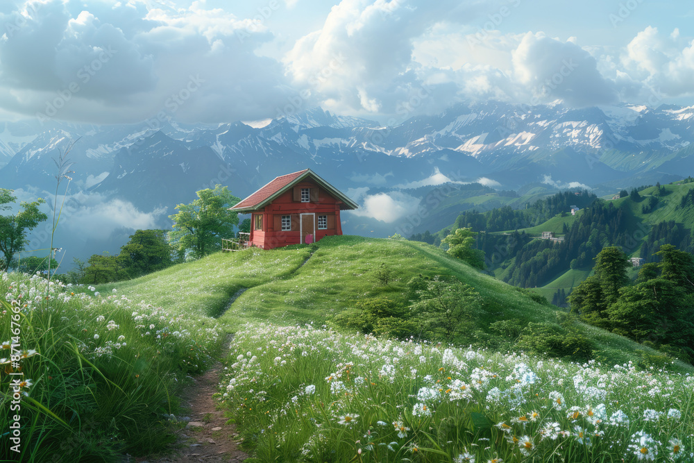 High mountain grassland and a small red house High mountain grassland and a small red house