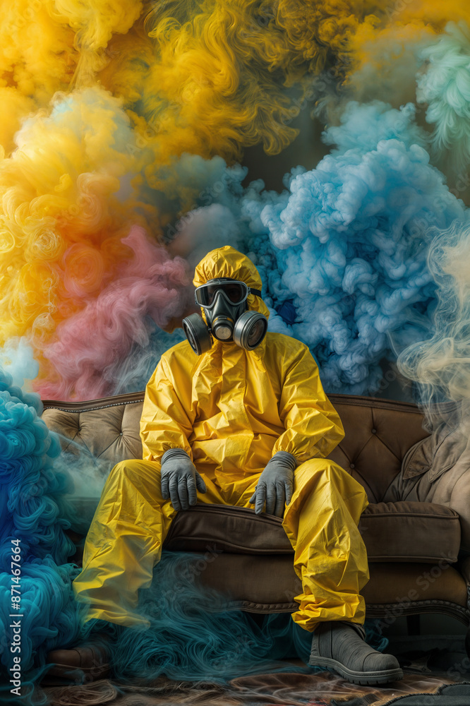 Obraz premium Man in protective gear sitting on a couch surrounded by colorful smoke