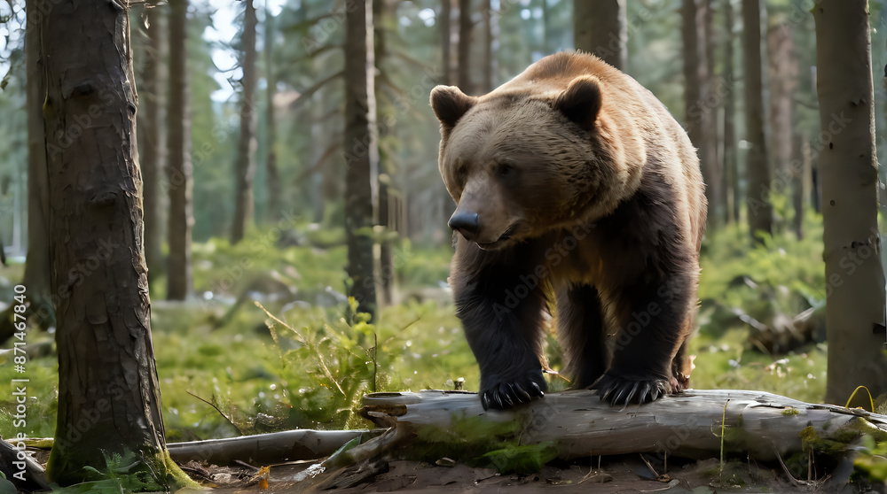 Fototapeta premium a bear that is walking on a log in the woods