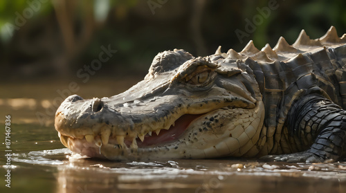 crocodile laying in water with mouth open and teeth wide open