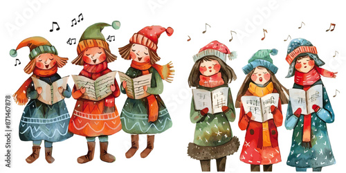 Group of people singing Christmas carols watercolor