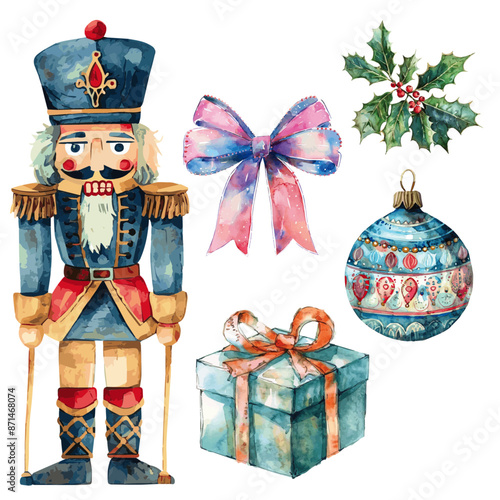 Christmas Elements with Nut Cracker, box of present, buable and ribbon watercolor vectors